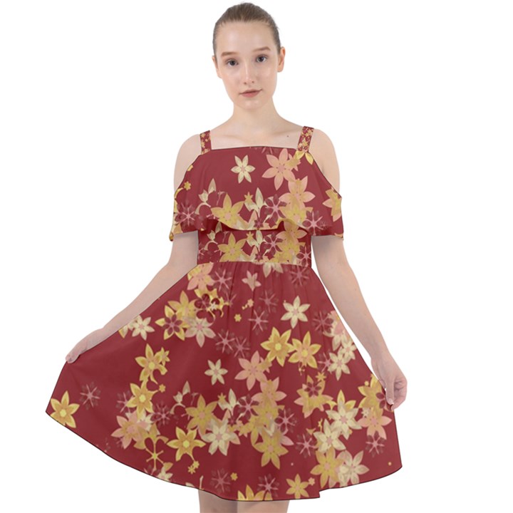 Gold and Tuscan Red Floral Print Cut Out Shoulders Chiffon Dress