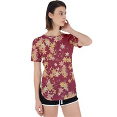 Gold And Tuscan Red Floral Print Perpetual Short Sleeve T-shirt by SpinnyChairDesigns