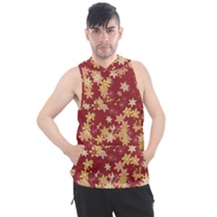 Gold And Tuscan Red Floral Print Men s Sleeveless Hoodie by SpinnyChairDesigns