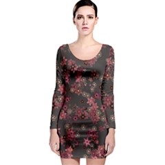 Pink Wine Floral Print Long Sleeve Bodycon Dress by SpinnyChairDesigns