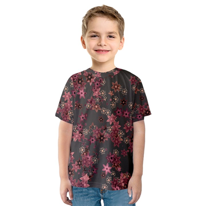 Pink Wine Floral Print Kids  Sport Mesh Tee