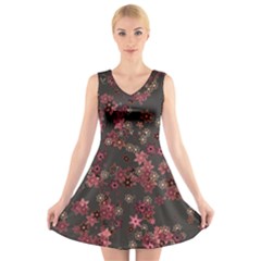 Pink Wine Floral Print V-neck Sleeveless Dress by SpinnyChairDesigns