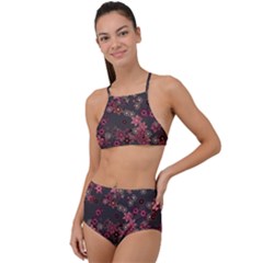 Pink Wine Floral Print High Waist Tankini Set by SpinnyChairDesigns