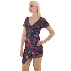 Pink Wine Floral Print Short Sleeve Asymmetric Mini Dress by SpinnyChairDesigns