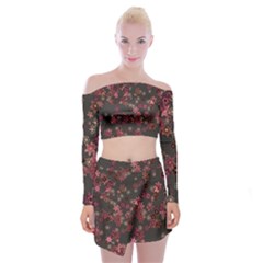 Pink Wine Floral Print Off Shoulder Top With Mini Skirt Set by SpinnyChairDesigns