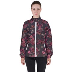 Pink Wine Floral Print Women s High Neck Windbreaker by SpinnyChairDesigns