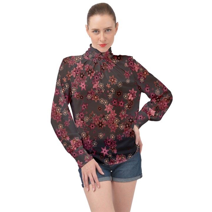 Pink Wine Floral Print High Neck Long Sleeve Chiffon Top