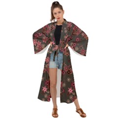 Pink Wine Floral Print Maxi Kimono by SpinnyChairDesigns