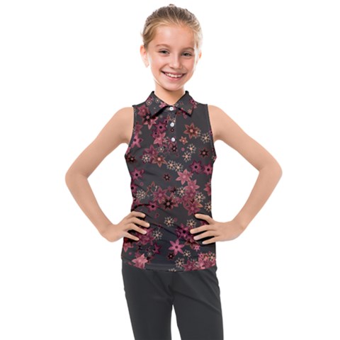 Pink Wine Floral Print Kids  Sleeveless Polo Tee by SpinnyChairDesigns