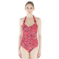 Red Wildflower Floral Print Halter Swimsuit by SpinnyChairDesigns