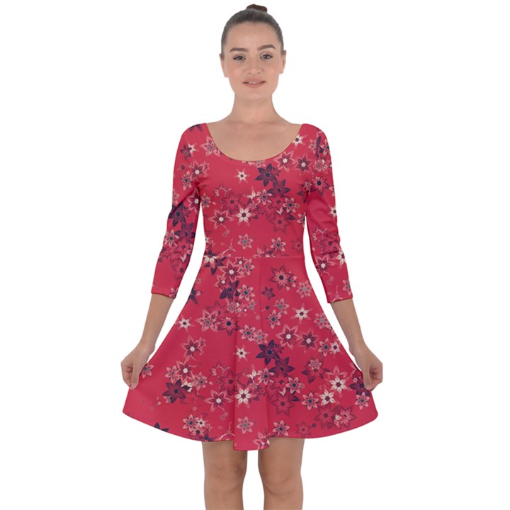 Red Wildflower Floral Print Quarter Sleeve Skater Dress