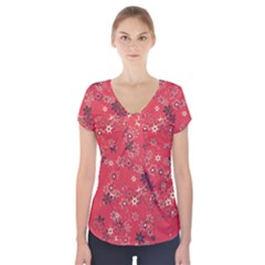 Red Wildflower Floral Print Short Sleeve Front Detail Top by SpinnyChairDesigns