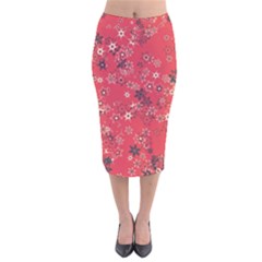 Red Wildflower Floral Print Velvet Midi Pencil Skirt by SpinnyChairDesigns