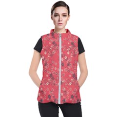 Red Wildflower Floral Print Women s Puffer Vest by SpinnyChairDesigns