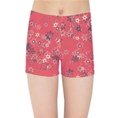 Red Wildflower Floral Print Kids  Sports Shorts by SpinnyChairDesigns