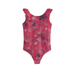 Red Wildflower Floral Print Kids  Frill Swimsuit by SpinnyChairDesigns