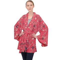 Red Wildflower Floral Print Long Sleeve Velvet Kimono  by SpinnyChairDesigns