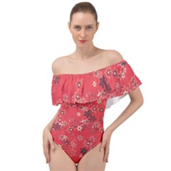 Red Wildflower Floral Print Off Shoulder Velour Bodysuit  by SpinnyChairDesigns