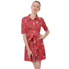 Red Wildflower Floral Print Belted Shirt Dress by SpinnyChairDesigns