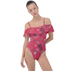 Red Wildflower Floral Print Frill Detail One Piece Swimsuit by SpinnyChairDesigns