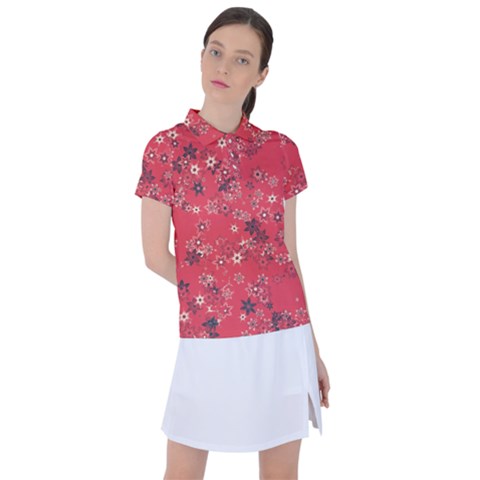 Red Wildflower Floral Print Women s Polo Tee by SpinnyChairDesigns