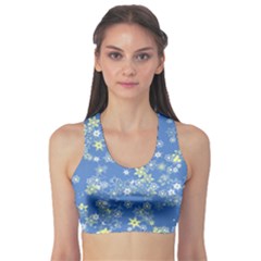 Yellow Flowers On Blue Sports Bra by SpinnyChairDesigns