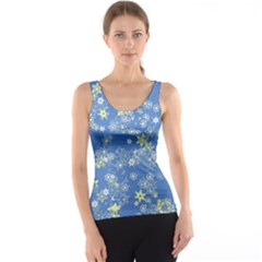 Yellow Flowers On Blue Tank Top by SpinnyChairDesigns