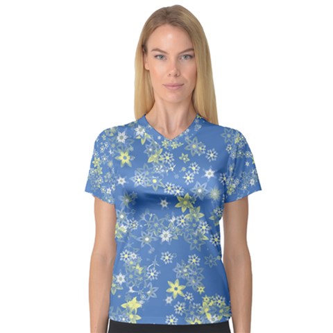 Yellow Flowers On Blue V-neck Sport Mesh Tee by SpinnyChairDesigns