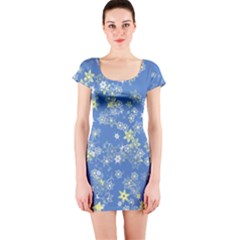 Yellow Flowers On Blue Short Sleeve Bodycon Dress by SpinnyChairDesigns