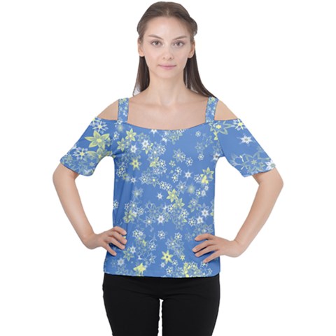 Yellow Flowers On Blue Cutout Shoulder Tee by SpinnyChairDesigns