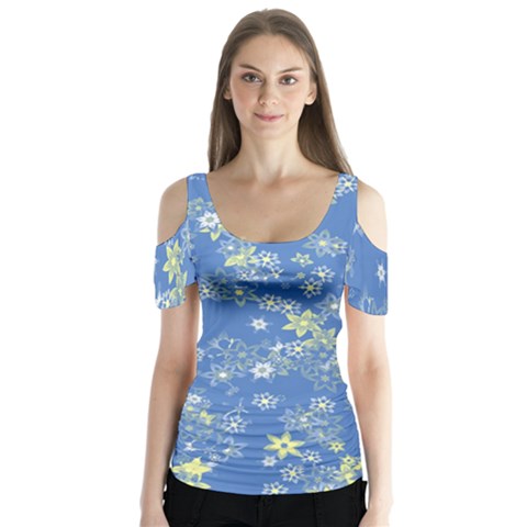 Yellow Flowers On Blue Butterfly Sleeve Cutout Tee  by SpinnyChairDesigns