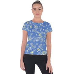 Yellow Flowers On Blue Short Sleeve Sports Top  by SpinnyChairDesigns