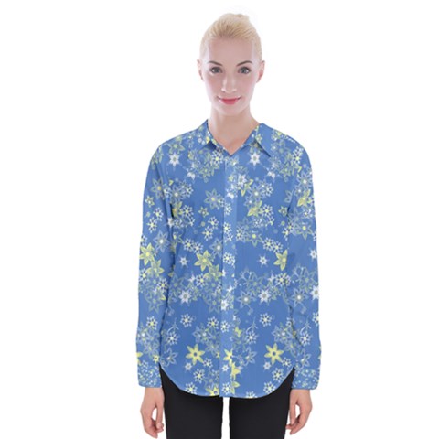 Yellow Flowers On Blue Womens Long Sleeve Shirt by SpinnyChairDesigns