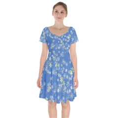 Yellow Flowers On Blue Short Sleeve Bardot Dress by SpinnyChairDesigns