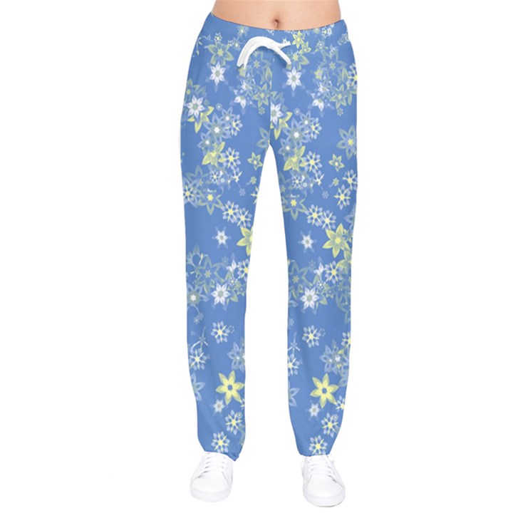 Yellow Flowers on Blue Women velvet Drawstring Pants