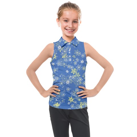 Yellow Flowers On Blue Kids  Sleeveless Polo Tee by SpinnyChairDesigns