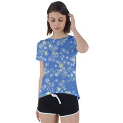 Yellow Flowers On Blue Short Sleeve Foldover Tee by SpinnyChairDesigns