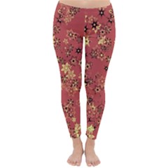 Gold And Rust Floral Print Classic Winter Leggings by SpinnyChairDesigns