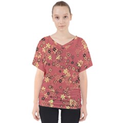 Gold And Rust Floral Print V-neck Dolman Drape Top by SpinnyChairDesigns