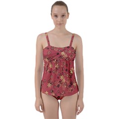 Gold And Rust Floral Print Twist Front Tankini Set by SpinnyChairDesigns