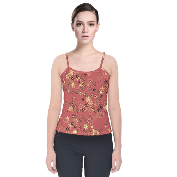 Gold and Rust Floral Print Velvet Spaghetti Strap Top