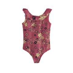 Gold And Rust Floral Print Kids  Frill Swimsuit by SpinnyChairDesigns