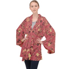 Gold And Rust Floral Print Long Sleeve Velvet Kimono  by SpinnyChairDesigns