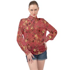 Gold And Rust Floral Print High Neck Long Sleeve Chiffon Top by SpinnyChairDesigns