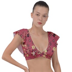 Gold And Rust Floral Print Plunge Frill Sleeve Bikini Top by SpinnyChairDesigns