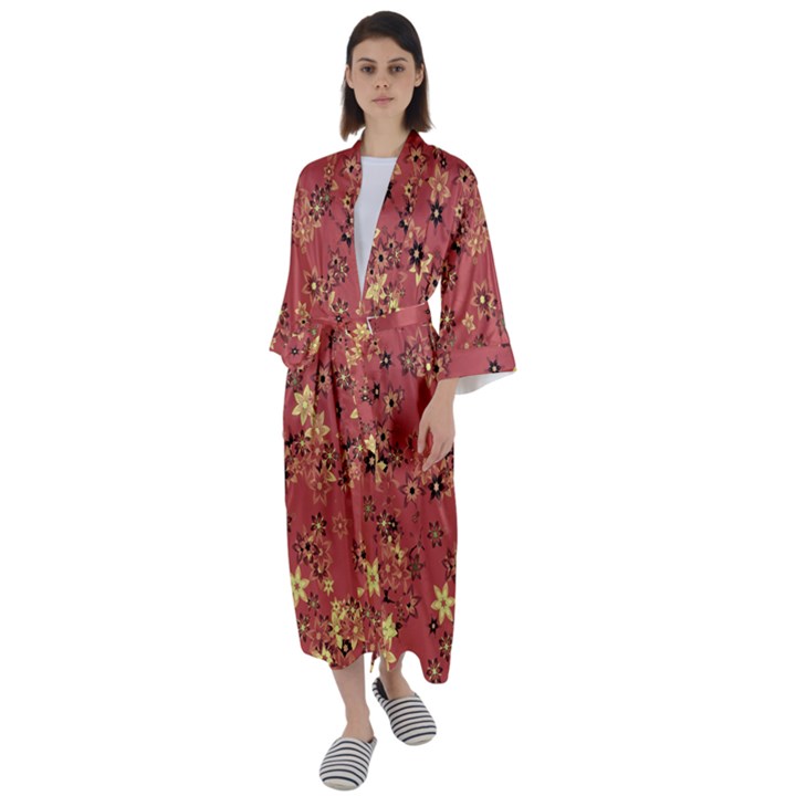 Gold and Rust Floral Print Maxi Satin Kimono