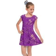 Gold Purple Floral Print Kids  Cap Sleeve Dress