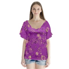 Gold Purple Floral Print V-neck Flutter Sleeve Top by SpinnyChairDesigns