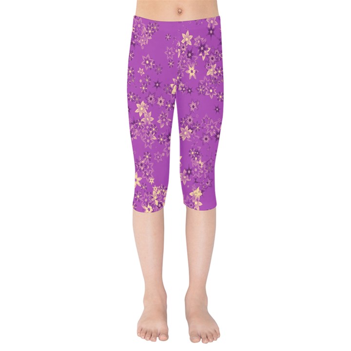 Gold Purple Floral Print Kids  Capri Leggings 