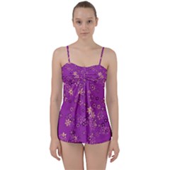 Gold Purple Floral Print Babydoll Tankini Set by SpinnyChairDesigns